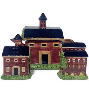 Sakura Porcelain Tea Pot With Salt and Pepper Shakers Country Barn Motif